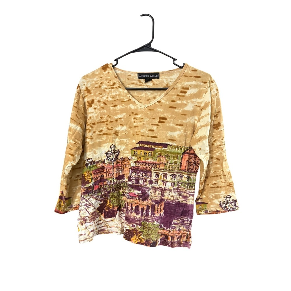 Mirror Image Womens Cityscape Graphic V-Neck Top Tan 3/4 Sleeve Size PL Large